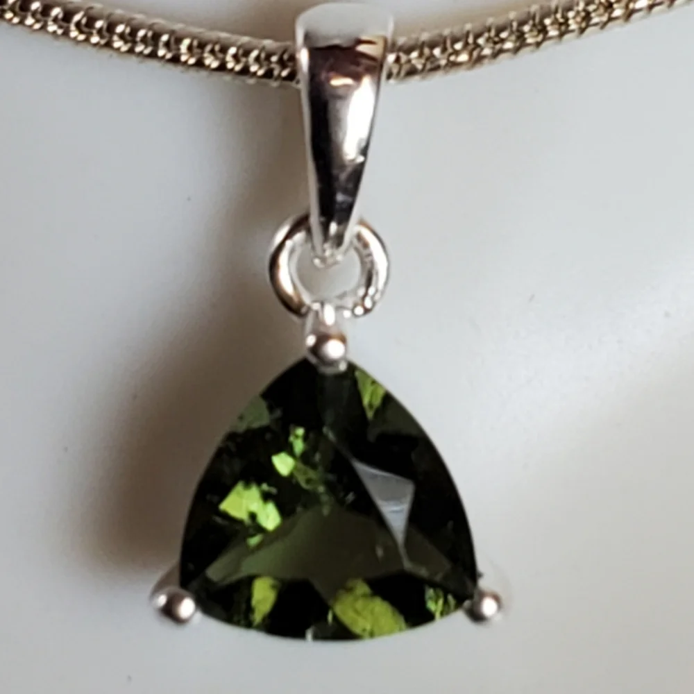 Genuine *Czech Moldavite* Faceted Trillion Necklace Pendant | Silver | Stunning - Picture 2 of 4